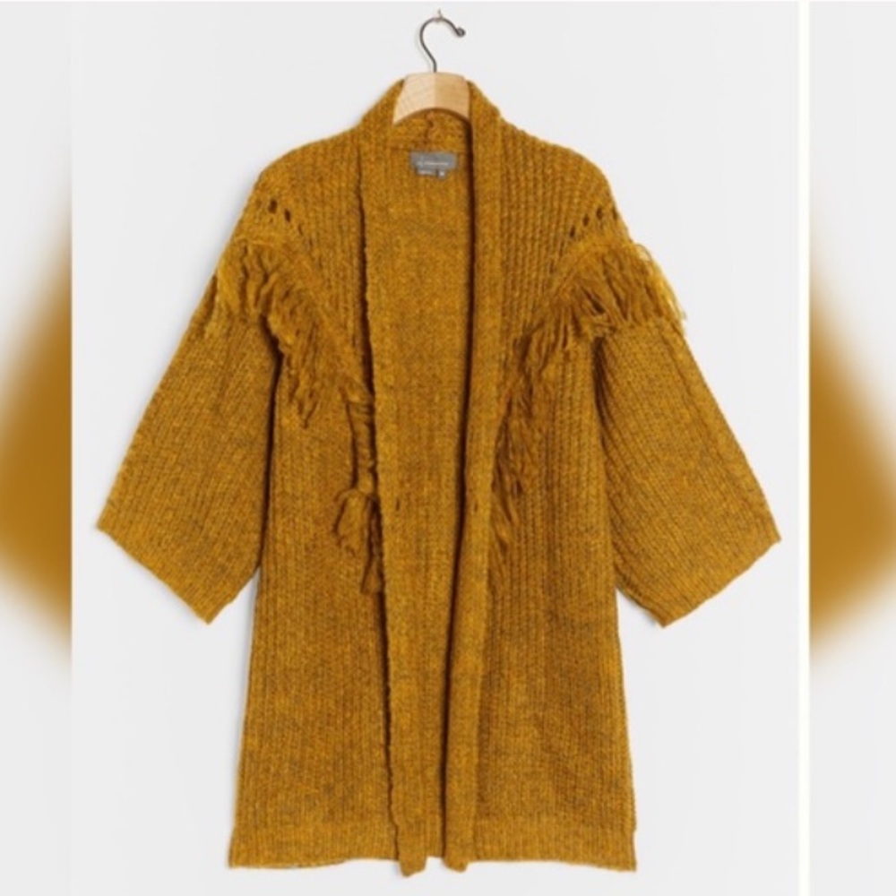 Anthropologie fringe short sleeve oversized mustard yellow cardigan bohemian o/s